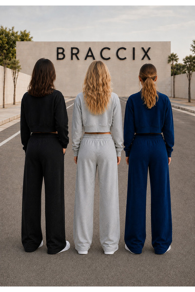 BRACCİX Women's 3-Piece High-Waisted Wide-Leg Sweatpants (Black-Grey-Navy Blue)