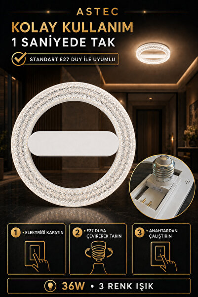 ASTEC Kristal Simit 36W LED Ampul E27 Duylu 3 Renk Işık 3000K 4000K 6500K Dekoratif Aydınlatma Kolay Takılır