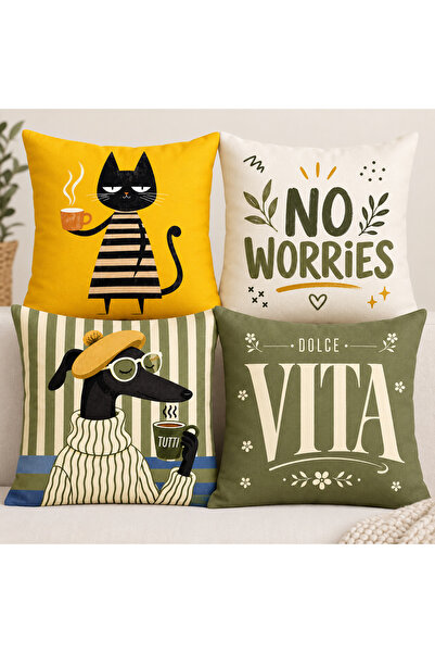Sakallı Yellow Khaki Retro Textured Modern Decorative Set of 4 Cat and Dog Pa...