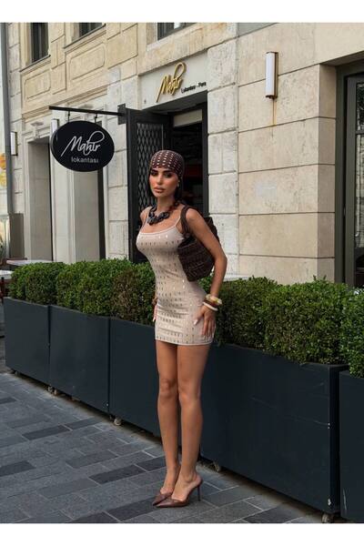 North Fashion Baget Taşlı İnce Askılı Mini Elbiise