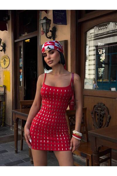 North Fashion Baget Taşlı İnce Askılı Mini Elbiise