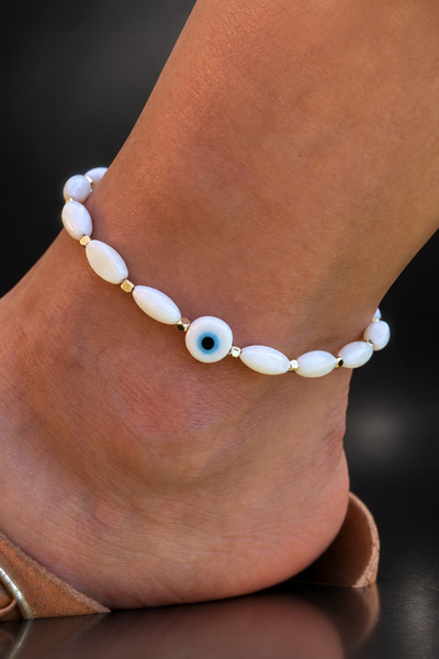 ByMerve Bym314-1 Women's White Oval Beaded Gold Anklet with Blue Evil Eye Detail