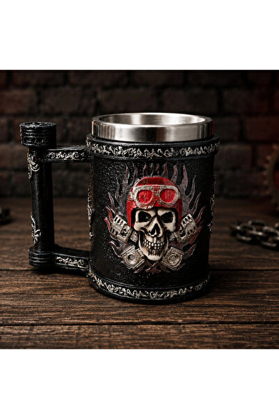 Livenda Metal Mug with Skull Biker Design