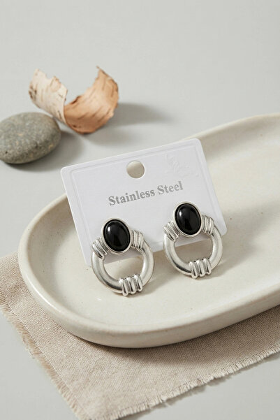 Livenda 316L Steel Silver Color Vintage Black Stone Earrings Tj-Bkp12036