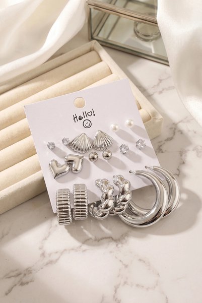 Livenda Silver Color Metallic Coated Seashell Detailed Ccb 9 Pair Earring Set...