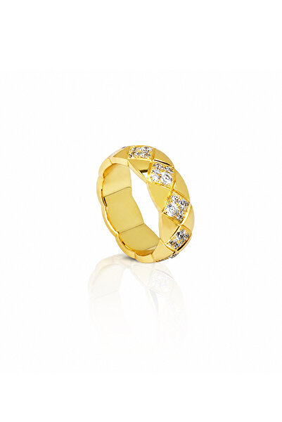 Generic Brand Vintage Slanted Check Pattern Gold Ring with Dense Zircon Inlay
