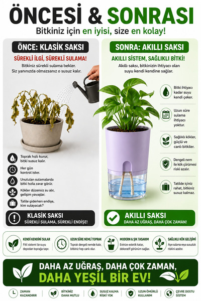 ByKurt Akıllı Saksı Kendi Kendini Sulayan Fitilli Modern Dekoratif Lila Saksı 2 Litre