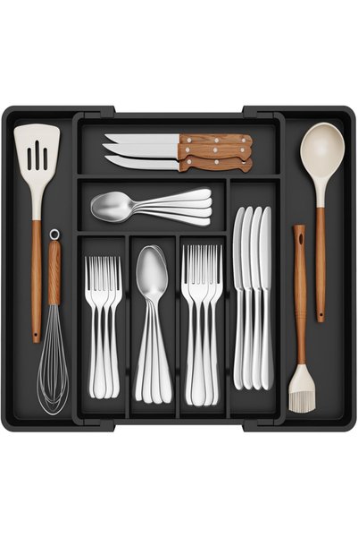 Generic Brand Extendable cutlery holder, drawer organizer, box, plastic, blac...