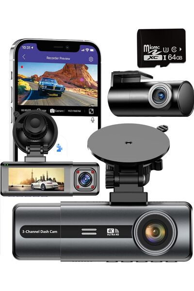 SYXUMLKLS كاميرا لوحة القيادة ثلاثية القنوات، بدقة 4K للأمام + 1080P للخلف + ...