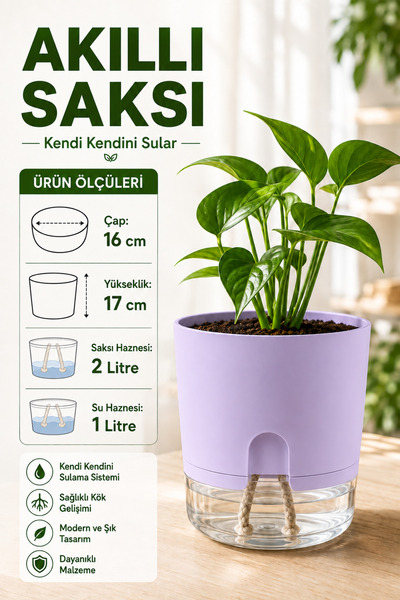ByKurt Akıllı Saksı Kendi Kendini Sulayan Fitilli Modern Dekoratif Lila Saksı 2 Litre