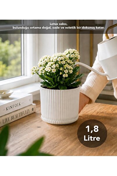 Lotus model Oluklu Desen Tabaklı Plastik Saksı 14 cm - Modern Çiçeklik (Bej / Siyah / Beyaz)
