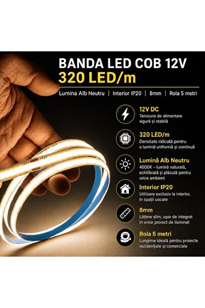LEDIGANT Bandă LED COB 12V, 320 LED/m, Lumină Albă Neutră, Interior IP20, 8 mm, Rolă 5 metri