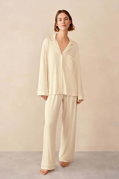 THE WHITE COMPANY Women's Pajama Set with Piping - Yellow, XL
