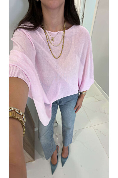 BİRCANÇİL Ridra Pink Rubber Sleeve Oversized Cape Knitwear