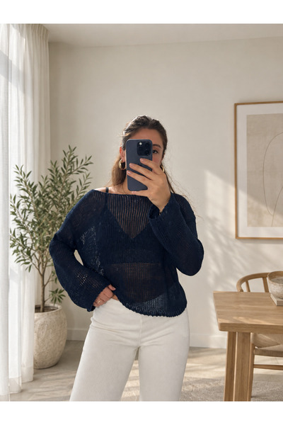 breva wear Kadın Lacivert Kayık Yaka Uzun Kollu File Triko Bluz