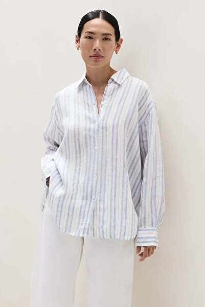 THE WHITE COMPANY قميص نسائي من الكتان مخطط بمقاس كبير - أزرق، L