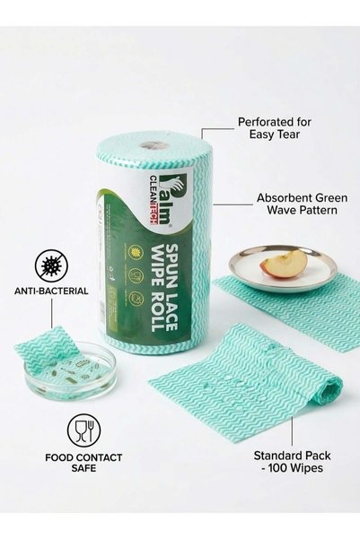 CLEAN-TECH Palm Clean Tech Spunlace Wipe Roll (Green) – Antibacterial, Food-Safe, Reusable Cleaning Cloth Roll (100 PULLS)