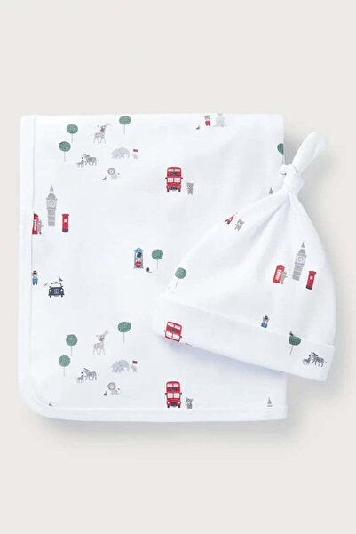 THE WHITE COMPANY Organic Cotton London Patterned Baby Blanket and Hat Set - ...