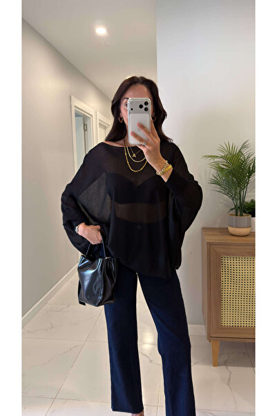 BİRCANÇİL Ridra Black Rubber Sleeve Oversized Cape Knitwear