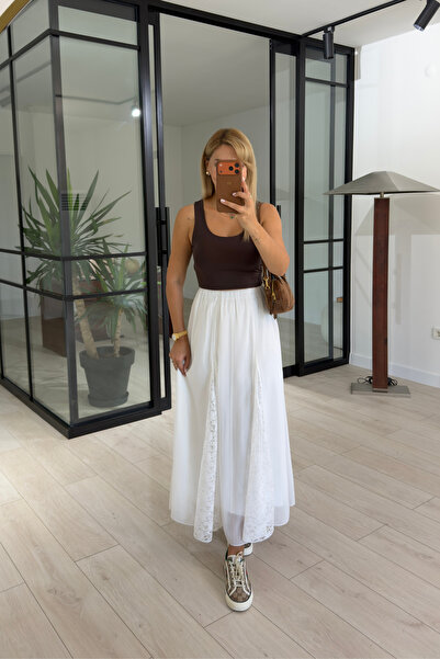 Sezgi Tekin Ecru Lace Skirt with Elastic Waistband