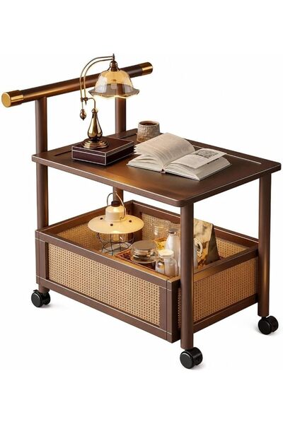 NIUBI Rolling Storage Cart, 2-Tier Walnut Movable Side Table, Wooden Double-L...
