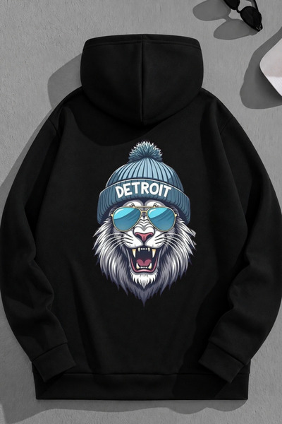 K KOZZ STYLE Unisex 3 Thread Cotton Black Detroit Print Loose Fit Φούτερ με κ...