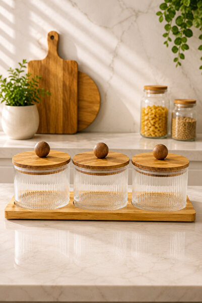 Evsun Home Collection Ahşap Standlı Vakumlu Kapaklı Cam Kahvaltılık Baharatlık