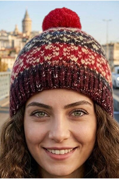 Mood Agenda Women's Patterned Pompom Knitted Winter Beanie