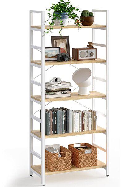 GENERAL Bestir 5-Tier Bookcase, Oak, Modern Storage Shelves, 60X28X155 cm
