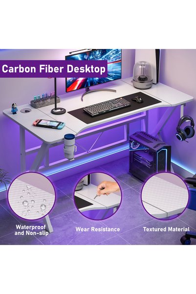 Sheinhome Gaming Table K Shaped, Ergonomic Computer Desk with Carbon Fiber Surface, Study Tables with Headphone Holder and Cup Holder, PC Desk Table for Home Office Workstaion