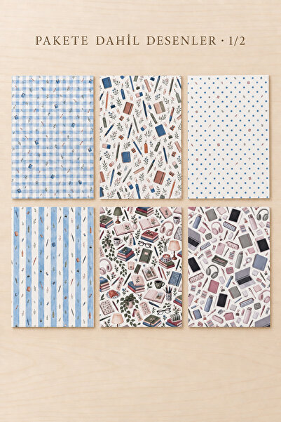 Silk Bee Studio Kırtasiye Desenli Sticker Kağıdı Seti 12’li 10 x 14 cm Journal ve Scrapbook