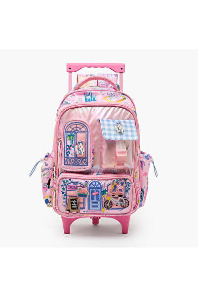 Juniors Cat Print Trolley Bag for Girls 5-8 Years Retractable Handle - 16 inches