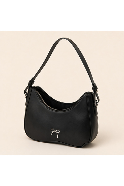 Generic Brand Women's Black PU Leather Shoulder Bag with Silver Bow Detail