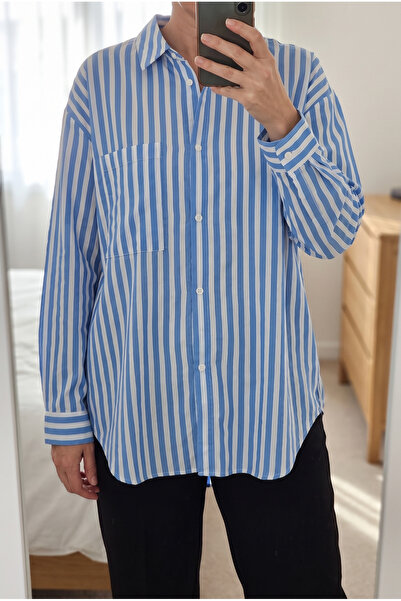FEMELLE Women's Blue Striped Oversize Shirt with One Pocket (Order One Size S...