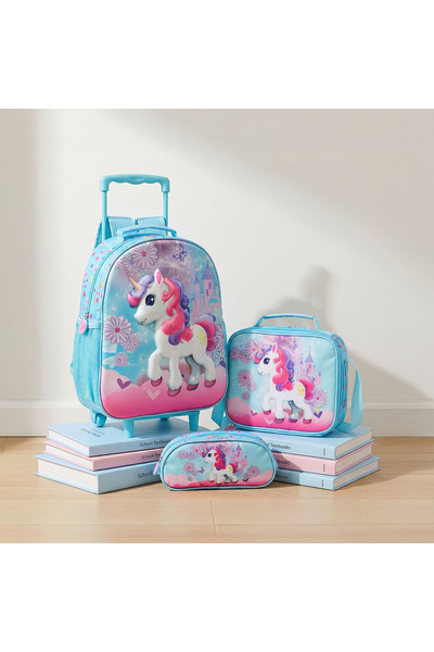 Juniors Unicorn Print 3-Piece Trolley Bag Set for Girls 5-8 Years with Lunch ...
