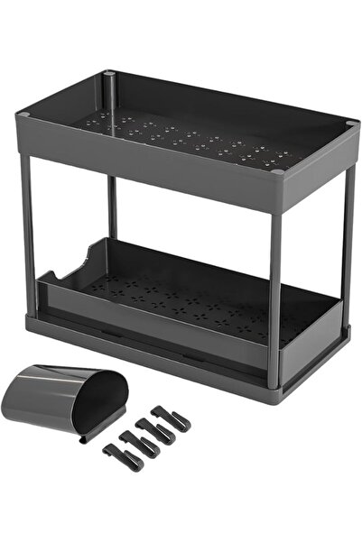 Zaprus 2-Tier Under Cabinet Sliding Organizer, Black Storage Basket System, M...