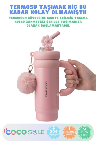 Vagonlife Cocosmile 950ml Tumbler Charm Series Shiny Body Non-Slip Base With/Without Straw Large Handle Plush Decorated Charm and Silicone Straw Decoration Sus304 Stainless Steel Thermos 6 Hours Hot/Cold