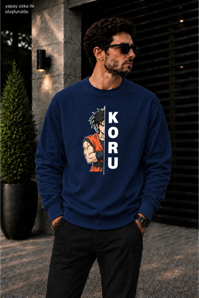 caddekombin Men's Anime Warrior and Koru Typography Printed Crew Neck Casual ...