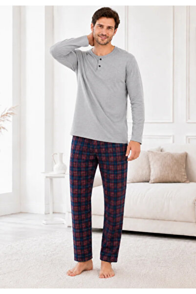 Serena Men's gray pajamas with long sleeves and long pants with small checks
