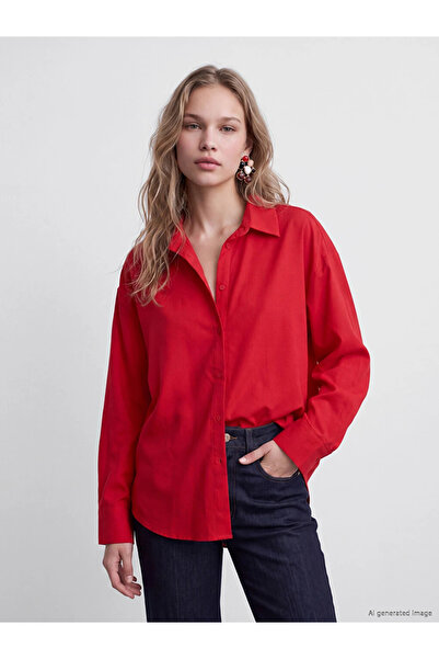 LC Waikiki Kırmızı Oversize Poplin Kadın Gömlek