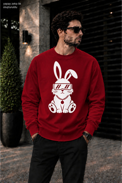 caddekombin Men's Cool Bunny Rabbit Printed Crew Neck Casual Regular Fit Swea...