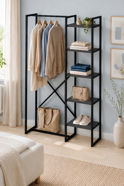 Bofigo 5 Raflı Metal Gardırop Metal Portmanto Açık Gardırop Elbise Dolabı Metal Askılık Vestiyer Loftix Antrasit