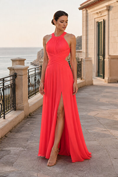 ŞEREF VURAL Women's Halter Neck Backless Long Evening Dress 8452 Pomegranate ...