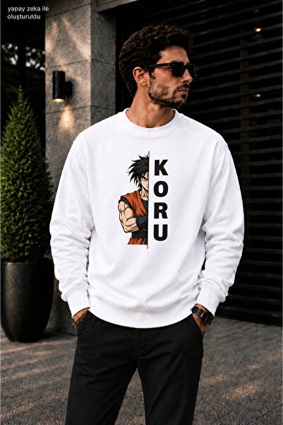 caddekombin Men's Anime Warrior and Koru Typography Printed Crew Neck Casual ...