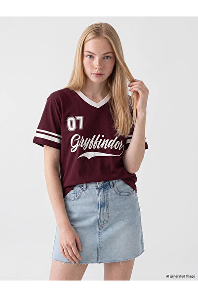 LC Waikiki Bordo Harry Potter Baskılı Oversize Kadın Tişört