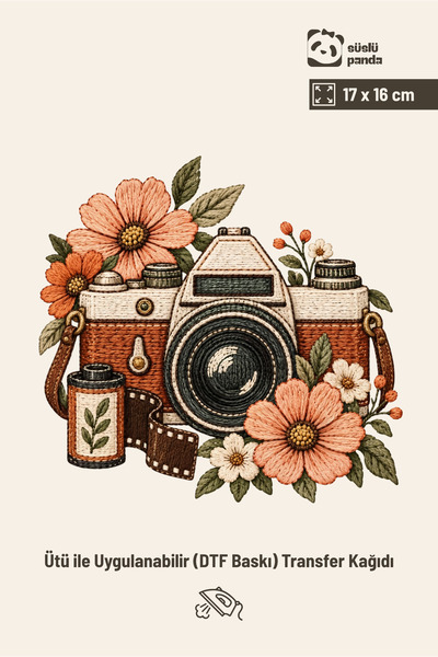 Çiçekli Retro Fotoğraf Makinesi Nakış Görünümlü Ütüyle Yapışan DTF Transfer Baskı 17x16 cm