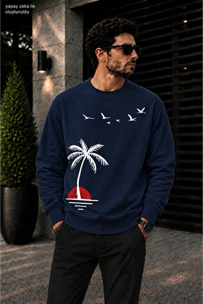 caddekombin Men's Palm Tree Sun and Bird Illustration Printed Crew Neck Casua...