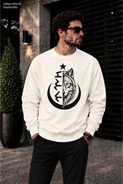 caddekombin Men's Göktürkçe Turkish Written and Wolf Printed Crew Neck Casual...
