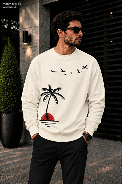 caddekombin Men's Palm Tree Sun and Bird Illustration Printed Crew Neck Casua...