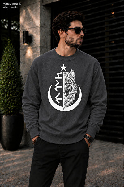 caddekombin Men's Göktürkçe Turkish Written and Wolf Printed Crew Neck Casual...